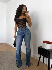 SHEIN BamGlam Áo liền thân gợi cảm phối ren tương phản dành cho nữ - màu đen - Xem 5