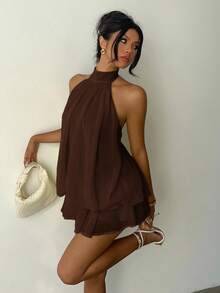 SHEIN Tall CURVE Plus Size Women Elegant Solid Color Halter Tie Dress - Coffee Brown - View 8