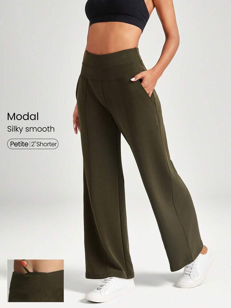 28" Petite SoftCalm Modal Silk Touch Wide Leg High Waist Lounge Pants With Side Pockets Daily Casual Spring Summer
