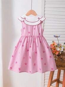 Elladie kids Vestido de niña con cuello bordado, decoración de lazo a rayas y botones en la cintura, adecuado para uso casual, elegante y lindo en el día a día o en vacaciones - Rosa - Ver 2