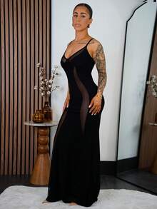 SAYEHFBABY 情人节约会 情人节服装 春夏不对称网纱拼接紧身胸衣美人鱼长裙派对 - 黑色 - 查看 4