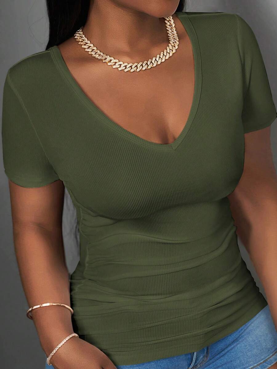 Slaydiva 2025 New Basic Racerback Tank Top For Plus Size Women, Deep V-Neck Ribbed Knit Sleeveless White T-Shirt - Army Green - View 1