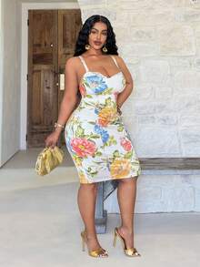 Slaydiva Spring/Summer New Sleeveless Lace Splice Bodycon Knee-Length Floral Print Dress, Romantic Vacation, Plus Size, Capri - Multicolor - View 4
