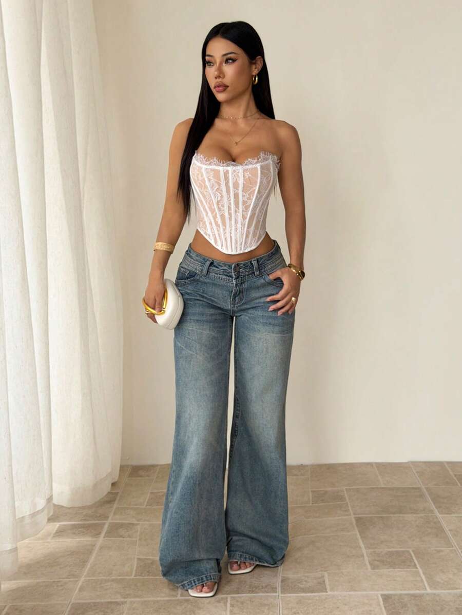 SHEIN PETITE 夏季海滩度假纯色蕾丝文胸上衣，适合日常约会、夜间外出、夜店、派对、聚会、鸡尾酒会、泳池派对、返校季服装、学期服装、假日服装、办公通勤服装，束身胸衣 - 白色 - 查看 1