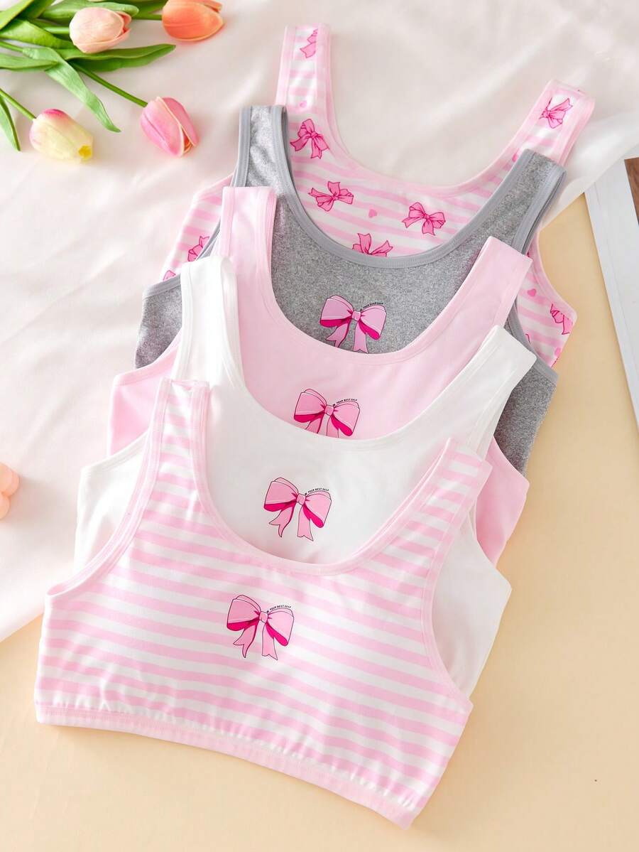 SHEIN 5件組女童兒童無袖圓領棉質套裝,冬季可愛工裝風粉色白色灰色條紋蝴蝶結印花透氣加厚 - 彩色 - 查看 1
