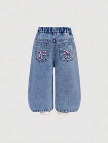 SHEIN 女婴休闲水洗牛仔裤，带蝴蝶结刺绣 - 中等水洗藍 - 查看 3