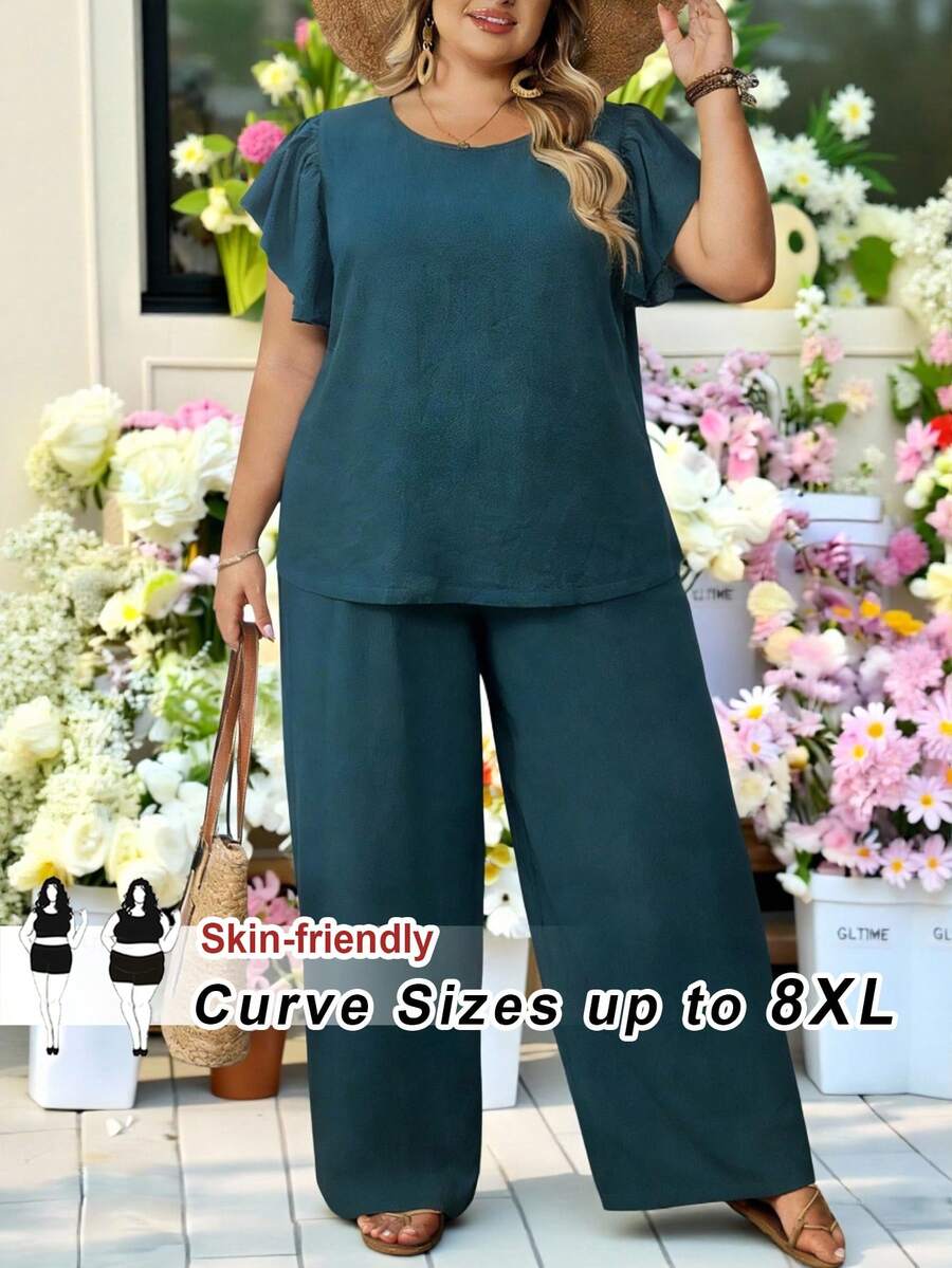 SHEIN CURVE+ 春夏女式卡其色荷叶边短袖衬衫+松紧腰阔腿裤两件套,优雅日常穿搭,适合大码身材,夏季女装 - 綠色 - 查看 1