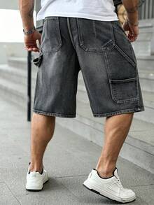 Manfinity EMRG Men's Solid Color Slant Pocket Casual Loose Wide Leg Denim Shorts - Grey - View 2