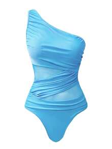 Swim Oasis 2件套 女士纯色褶皱连体泳衣，配印花纱笼和半身裙 - 霧霾藍 - 查看 3