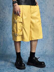 ROMWE MEN Street Life Quần short nam 5 inch, màu sắc tươi mát mùa hè, chất liệu giả da. - Màu vàng - Xem 4