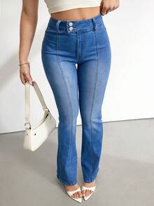 SHEIN Tall 女士高腰休闲百搭喇叭牛仔裤 - 中等水洗藍 - 查看 7