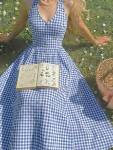 SHEIN MOD Đầm midi cổ yếm hở lưng kẻ caro dáng thường ngày dành cho nữ, thích hợp cho mùa hè. - Xanh và trắng - Xem 1