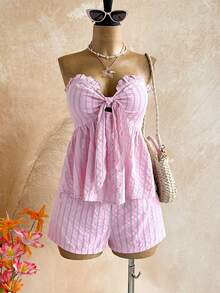 Soleia Bộ đồ 2 mảnh dành cho nữ gồm áo crop top không tay in sọc, viền bèo nhún và quần short kiểu dáng thoải mái, thích hợp cho tiệc tùng, đi biển, kỳ nghỉ. - Nhiều màu - Xem 7