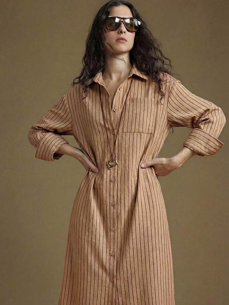 Women's Striped Shirt Dress, Loose Long Casual Dress For Urban Commute, Business, Vacation, Beach, Wedding Guest, Holiday, Office Wear