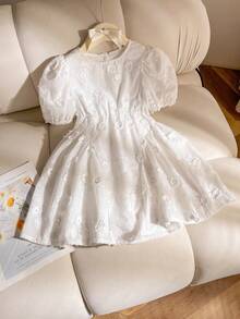 Young Girls Textured Fabric Short Sleeve Puff Sleeve Cinched Waist Princess Dress With Bow Design - Apricot - View 2