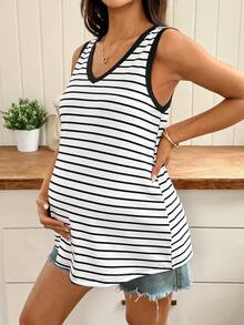 SHEIN 夏季孕妇条纹印花V领休闲背心 - 白色 - 查看 7