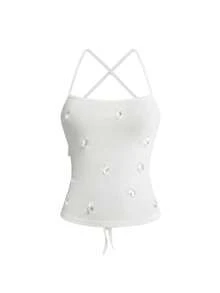 ROMWE Teardrop Pendant Backless Bodycon Tank Top, Suitable For Vacation & Music Festival - White - View 5