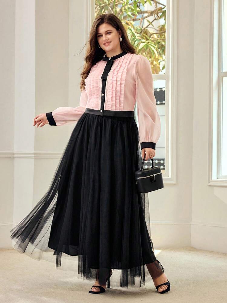 PLUS SIZE ELEGANT SOLID COLOR CONTRAST MESH ELASTIC WAIST SKIRT, AUTUMN