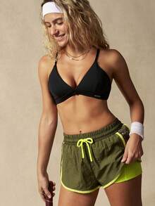 VARSIVA Contrast Color Trim Patchwork Polka Dot Print Sports Shorts - Green - View 10
