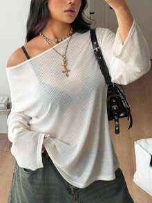 Coolane Women's Plus Size Summer Oversized Inclusive Sizing Streetwear Y2K  Comfortable Asymmetrical Neck Knit Off The Shoulder Long Sleeve T-Shirt - White - View 3
