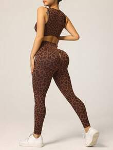 Slayform 无缝罗纹高弹性感豹纹提花女士健身跑步休闲日常运动套装 女士健身套装 女士运动服套装 - 棕色 - 查看 3