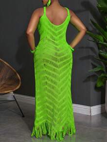 Slaydiva Plus Size Summer Sleeveless Hollow Out Sheer Dress - Green - View 2