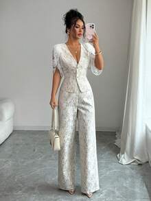 SHEIN Elenzya 优雅蕾丝V领收腰上衣和裤子套装，夏季 - 米色 - 查看 5