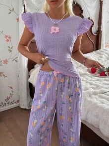 Bộ đồ ngủ CottageSlumber cổ chữ V tay ngắn sau lưng + quần dài họa tiết hoa nhí jacquard - Nhiều màu - Xem 6