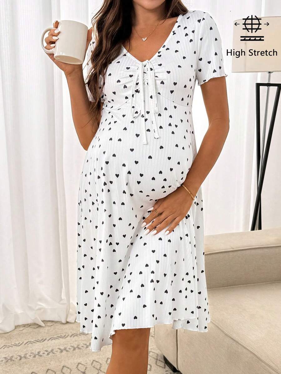 SHEIN Đầm bầu in hình trái tim kiểu dáng thường ngày cho mùa hè - trắng - Xem 1