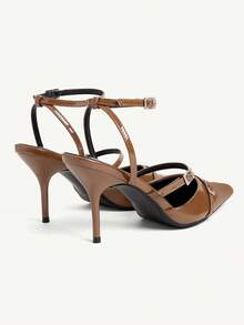 CUCCOO CHICEST Women's Shoes New Three-Strip Rhinestone Square Buckle Pointed High Heel Brown Khaki Patent Leather PU Leather Women's High Heel Shoes Slingbacks Temperament Elegant Commuter Style Dinner Party Wear - Mocha Brown - View 4