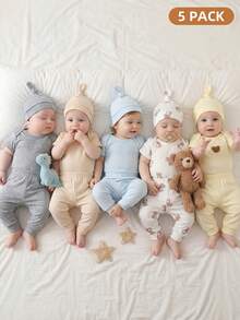 5件套新生儿可爱男女通用套装，连体衣+裤子+帽子，夏季 - 彩色 - 查看 3