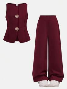 Firerie Kids 2 pièces Ensemble Top camisole décoré de boutons bordeaux et pantalon à la cheville pour jeune fille, style décontracté et à la mode - Rouge foncé - Voir 8