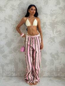 Glamine Quần dài nữ kẻ sọc bằng vải cotton lanh, quần ống rộng thoải mái kiểu dáng thường ngày, thích hợp cho kỳ nghỉ biển hoặc vùng quê, thanh lịch và tự nhiên, mùa hè. - Nhiều màu - Xem 3