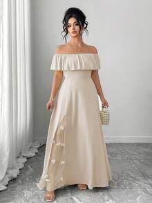 Vestido elegante y casual de talla grande con estilo francés, romántico y vintage, con hombros descubiertos, malla y parches florales, adecuado para primavera y verano - Albaricoque - Ver 6