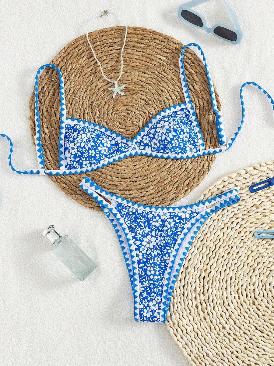 Swim Mod Summer New Arrival European And American Sweet Blue Floral Contrast Color Tie-Side Halter Two Pieces Bikini Set, Sexy Backless Triangle Swimsuit, Suitable For Beach, Holiday, Party - Blue - View 1