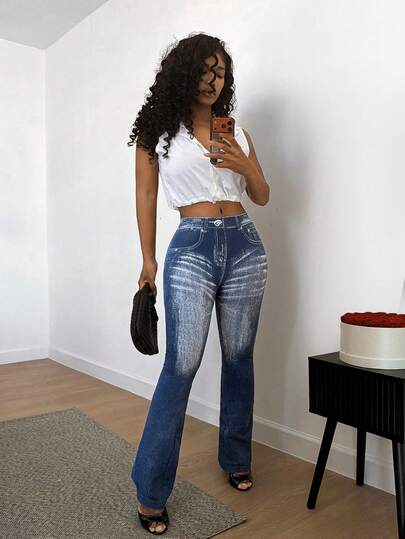 BamGleam Pantalones ajustados para mujer con efecto de tejido de mezclilla sin costuras