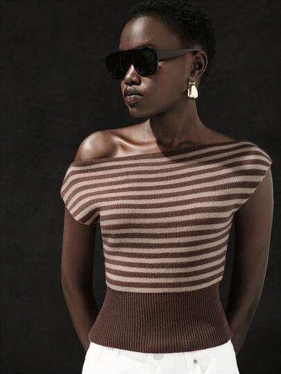 Lumivelle Áo croptop dệt kim kẻ sọc trễ vai phong cách retro gợi cảm mùa xuân/hè 2026