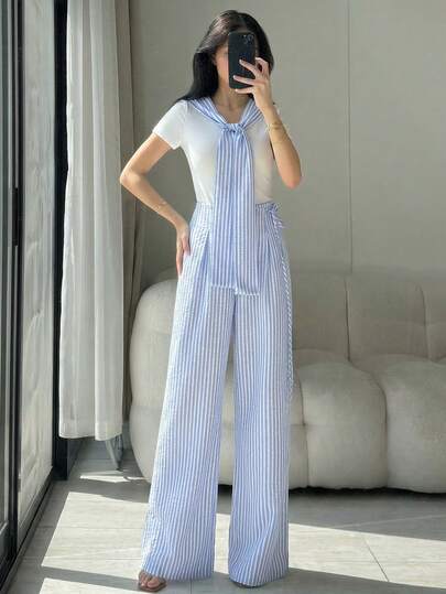 Modelyn 女士蓝白条纹裤，春季新品