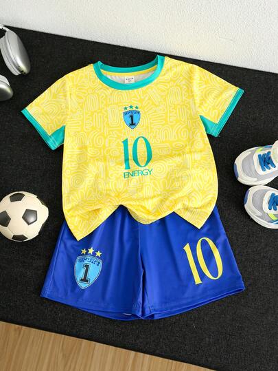 SHEIN 2pcs/Set Young Boy Casual Football Graphic Round Neck Short Sleeve T-Shirt And Shorts Sports Outfit