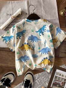 SHEIN Áo thun đơn giản, thoải mái cho bé trai, phù hợp cho mùa xuân/hè, họa tiết khủng long dễ thương cổ điển. - Nhiều màu - Xem 3