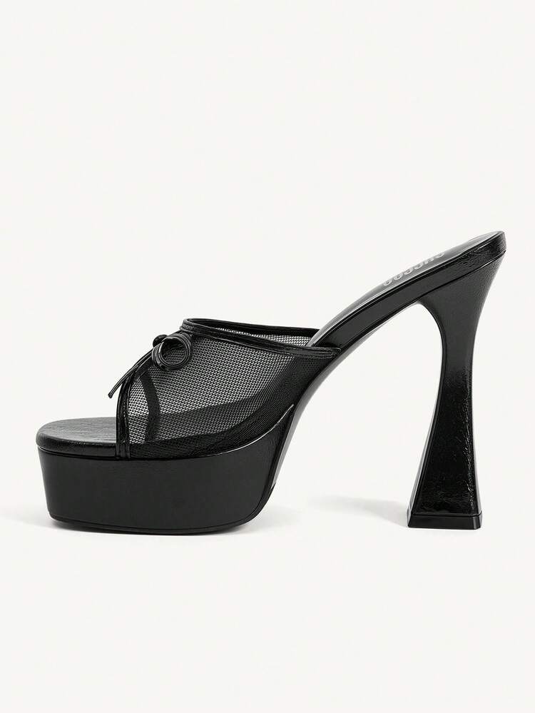 CUCCOO CHICEST Women's Platform Black High Heel Sandals, Party Style High Heels, Sexy Bowknot Decor Black High Heels, Square Toe Mule Sandals Suitable For Christmas Party, Valentine's Day Gift, Fashion Enthusiast's Perfect Choice