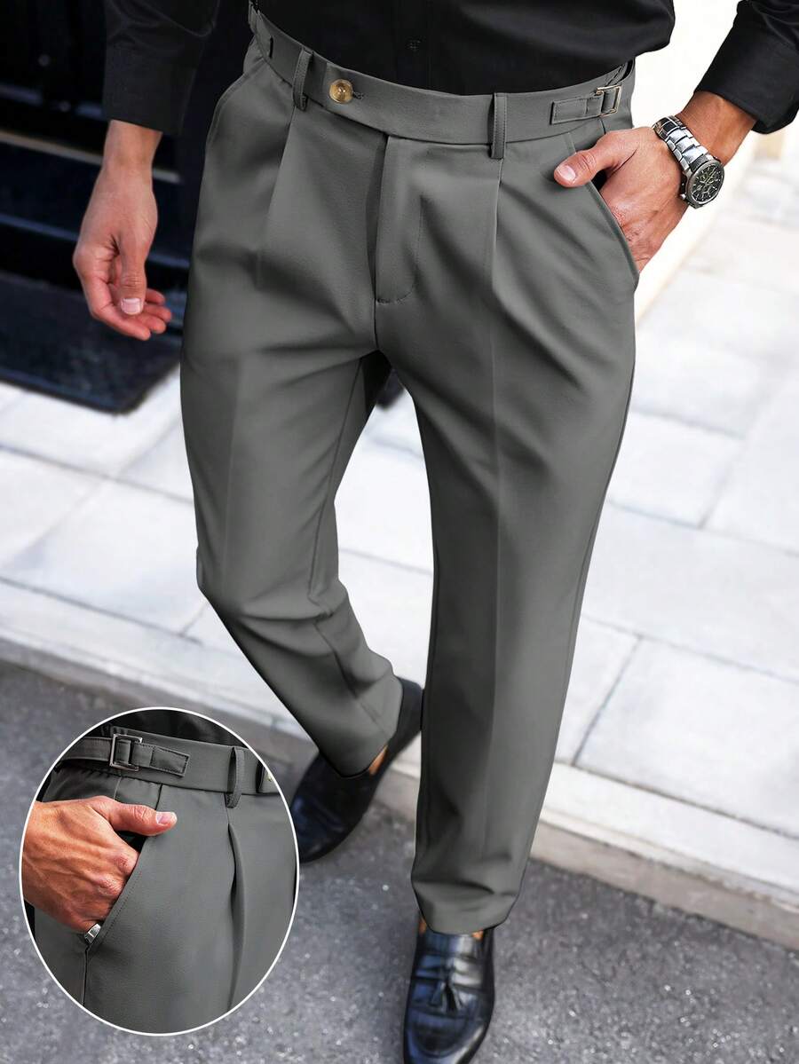 Manfinity Mode Men's Casual Everyday Business Commute Minimalist Solid Color Slant Pocket Slim Fit Pants, Formal - Dark Grey - View 1