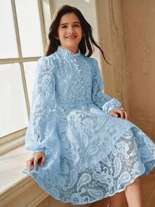 Anewsta Girls' Elegant 3D Lace A-Line Dress, Suitable For Children's Banquet, Birthday Party And Other Occasions, Spring/Summer - Blue - View 6