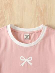 SHEIN Tween Girls Bow Print Black & White Contrast Color Fitted Casual Everyday Dress - Pink - View 5