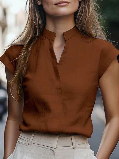 Selamara Women's Summer Casual Solid Color Notch Collar Shirt