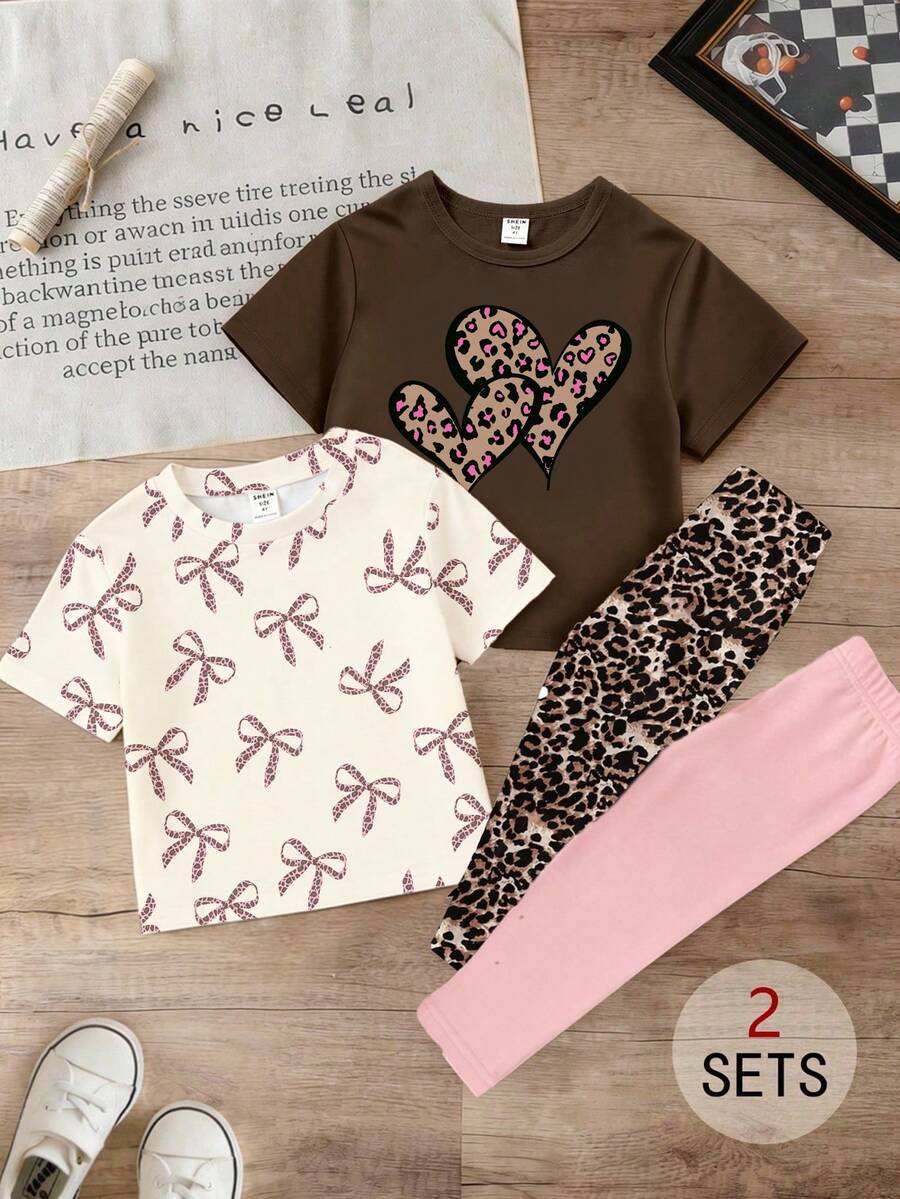 Elladie kids Bộ 4 món cho bé gái, kiểu dáng thường ngày, họa tiết sáng tạo, gồm áo thun và quần, trang phục thoải mái cho mùa xuân, hè và thu. - Nhiều màu - Xem 1