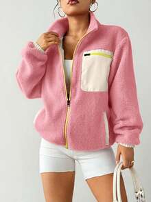 Exploreva Women's Casual Everyday Zip-Up Stand Collar Drop Shoulder Sports Jacket - Baby Pink - View 6