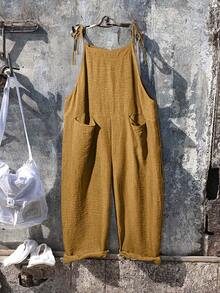 Linhara Mono informal de talla grande para mujer de unicolor con bolsillos duales - Caqui - Ver 3