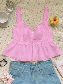 Comfortcana Plus Size Women Brown Lace Patchwork Pleated Sleeveless Tank Top, Spring/Summer Gym - Pink - View 4