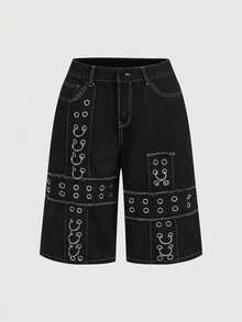 ROMWE Grunge Punk Y2K Punk Street Style Metal Rivet Eyelet Cross Embroidered Loose Fit Denim Shorts - Black - View 1